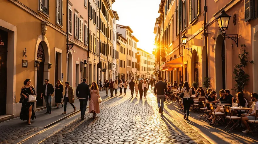 A golden-hour passeggiata on a cobblestone Italian street lined with cafe tables