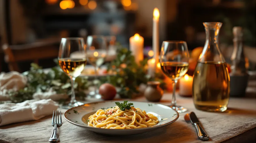 A candlelit Italian trattoria table with pasta, wine glasses, and a carafe