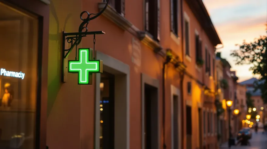 A glowing green pharmacy cross on a warm, quiet Italian street at dusk