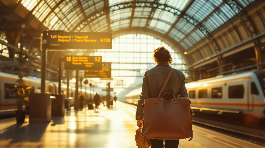 A traveler with a leather bag walking through a sunlit Italian train station