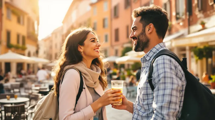 Two friends greeting warmly on a sunlit Italian piazza street