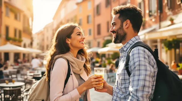Two friends greeting warmly on a sunlit Italian piazza street